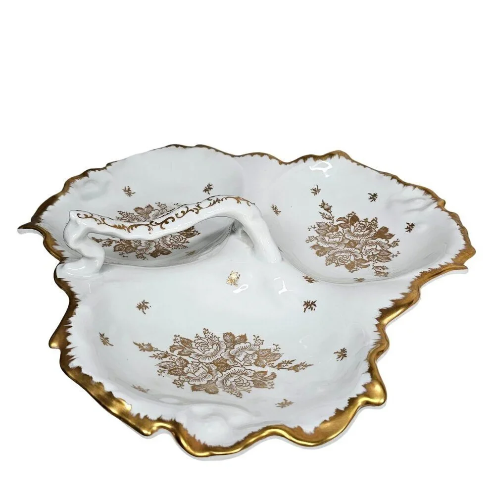 Vintage Porcelaine De France Hand Painted Divided Serving Dish Gold Trim & Flora
